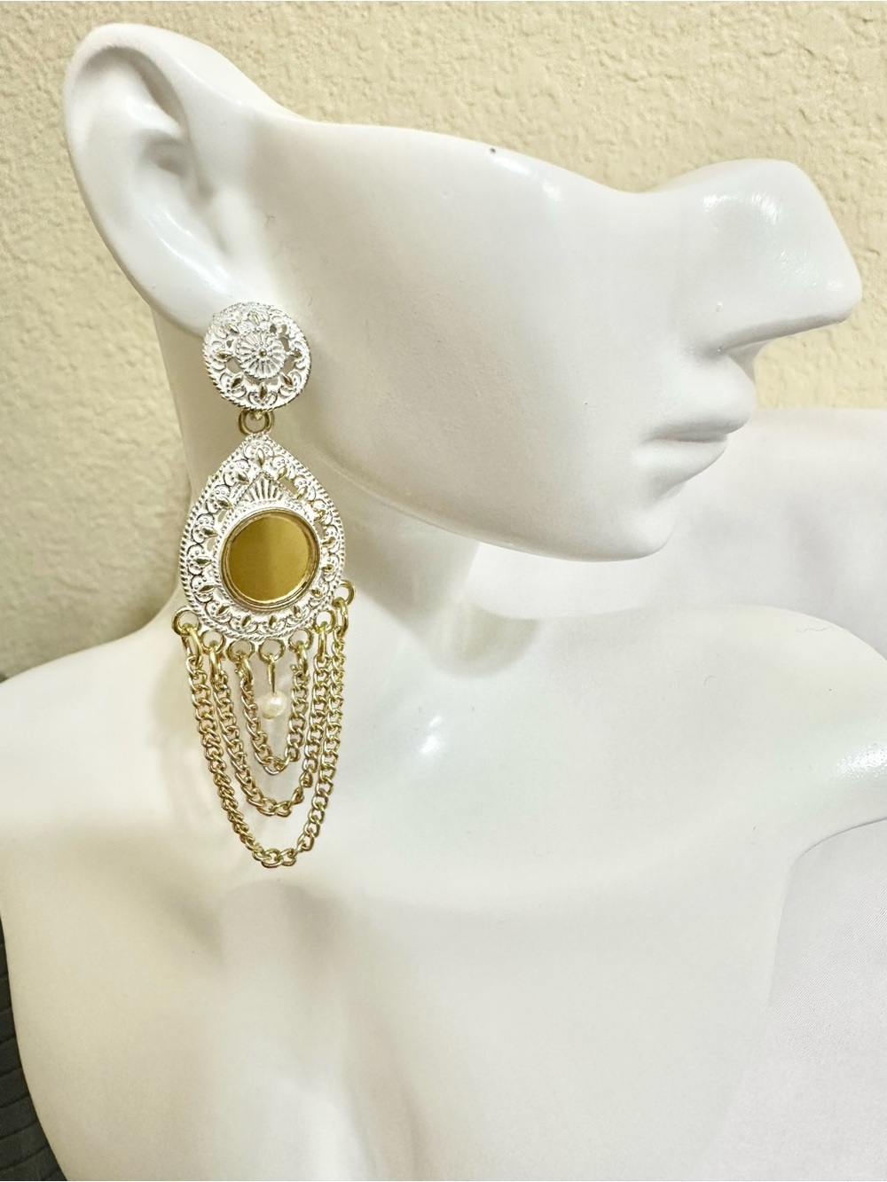 Gold-Tone Filigree Teardrop Dangle Earrings w/Pearl - Indian Inspired